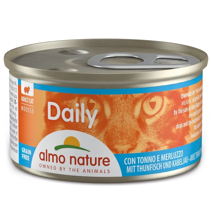 Comida húmida para gato almo cat daily - mousse atum e bacalhau (85 gr) 24 uni.