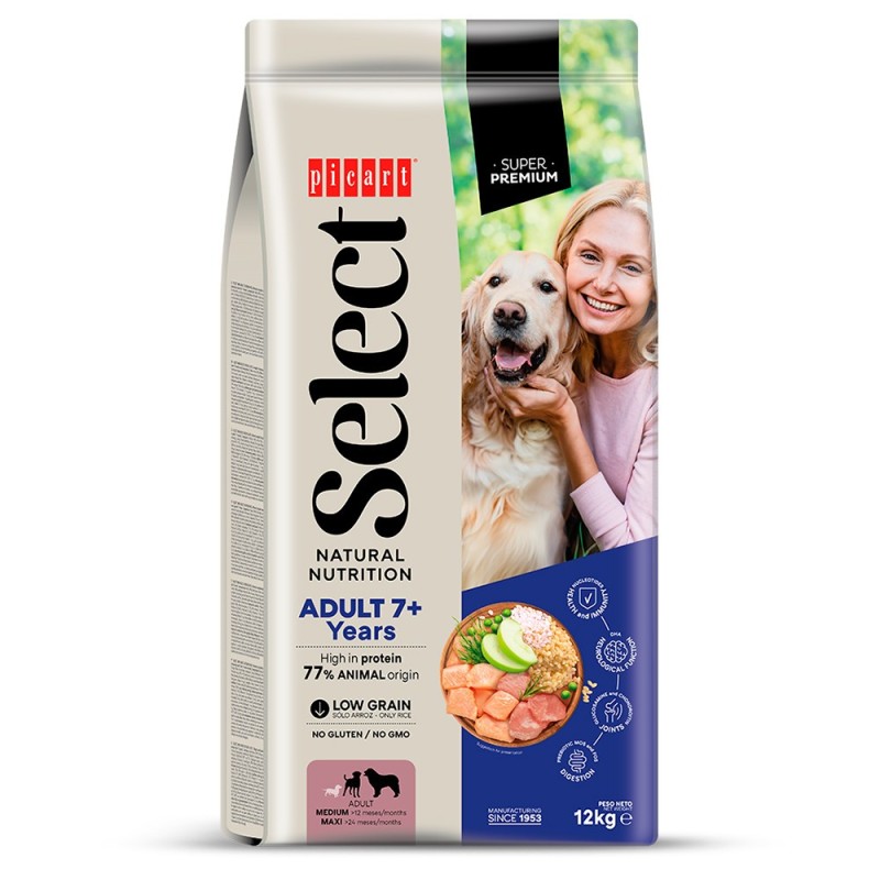 Ração para cão picart select adult 7+ years chicken and rice