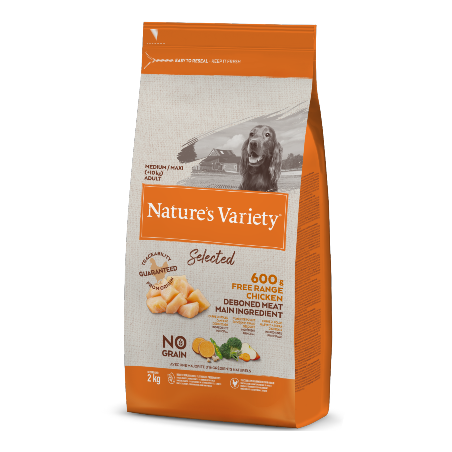 Ração para cão natures variety dog selected no grain medium maxi adulto frango campo
