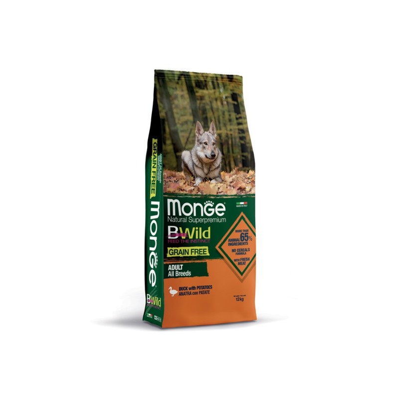 Ração para cão monge bwild grain free- adult pato & batatas